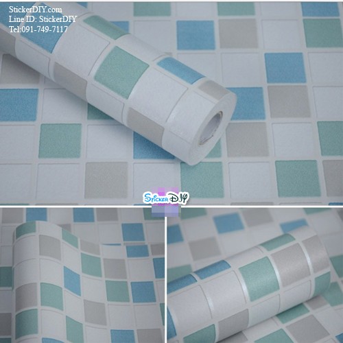 (กว้าง45cm.xยาว10m.)Wallpaper sticker วอลเปเปอร์แบบกาวในตัว ลายโมเสค สไตล์A สีฟ้า