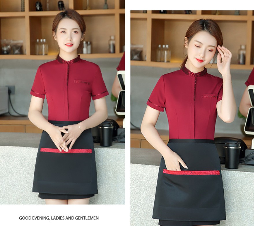 ชุดพนักงานเสริฟ ชุดพนักงานร้านอาหาร ร้านกาแฟ รีสอร์ท สีดำ สีแดง