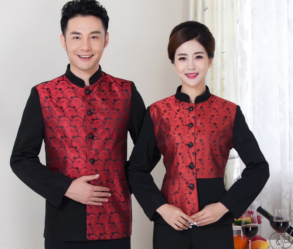 ชุดพนักงานเสริฟแบบแขนยาว ชุดพนักงานร้านอาหารสไตล์จีนแบบแขนยาว ชุดพนักงานห้องอาหารโรงแรม