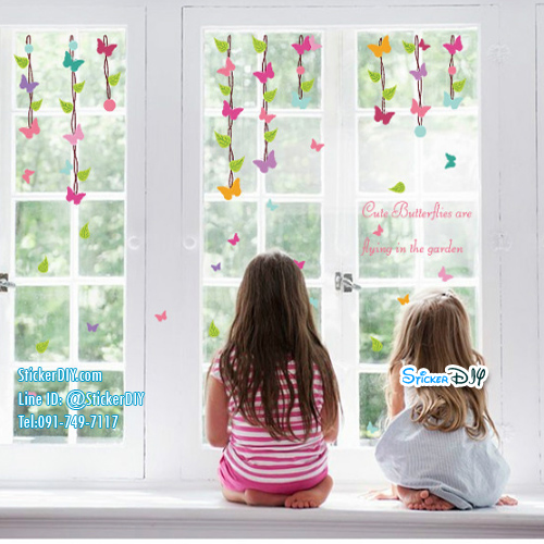 Transparent Wall Sticker สติ๊กเกอร์ติดผนังแต่งขอบ โมบายผีเสื้อ SK7104 (กว้าง132cm.xสูง70cm.)