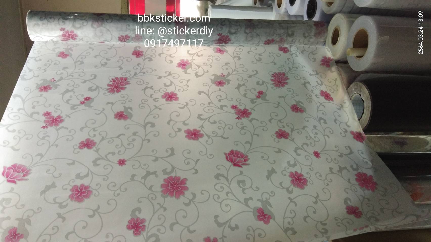 สติ๊กเกอร์ฝ้าติดกระจก แบบมีกาวในตัว แนวธรรมชาติ "Vintage Pink flower" หน้ากว้าง90cm. เมตรละ 89 บาท