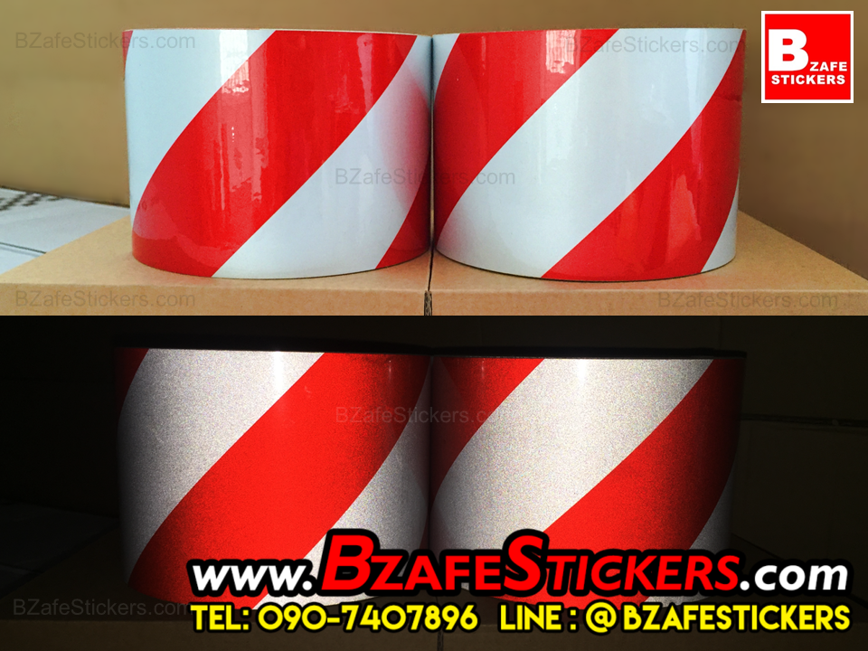 แถบสติ๊กเกอร์สะท้อนแสง ขาว-แดง ลายเฉียง กว้าง 4 นิ้ว x ยาว 45 ม.