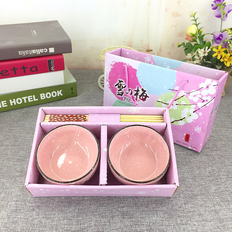 ชุดชามตะเกียบ ลายหิมะ 2ที่ กล่องชมพู