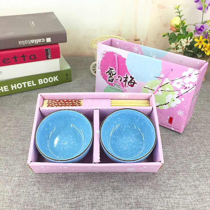 ชุดชามตะเกียบ ลายหิมะ 2ที่ กล่องชมพู