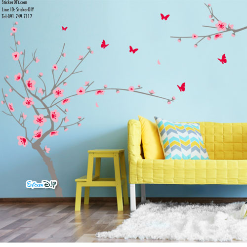 สติ๊กเกอร์ติดผนัง กิ่งไม้ดอกไม้กะผีเสื้อ สีชมพู (กว้าง190cm.xสูง110cm.)