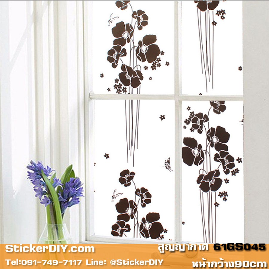(กว้าง90cm.xยาว117cm.) ฟิล์ม PVC สูญญากาศติดกระจก "Black Flower"