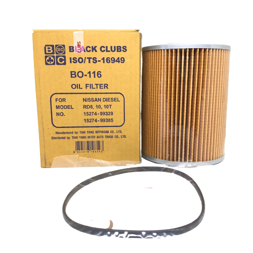 กรองเครื่อง ไส้ กรอง น้ำมันเครื่อง ไส้กรองน้ำมันเครื่อง NISSAN PE เล็ก / UD / CW430, 450 / PE6T / CONVOY / RD10 / RD8 ใหม่ นิสสัน ยี่ห้อ BLACK CLUB เบอร์ BO-116 / BO116 / 15274-99329, 99385 / 1527499329 / Oil Filter