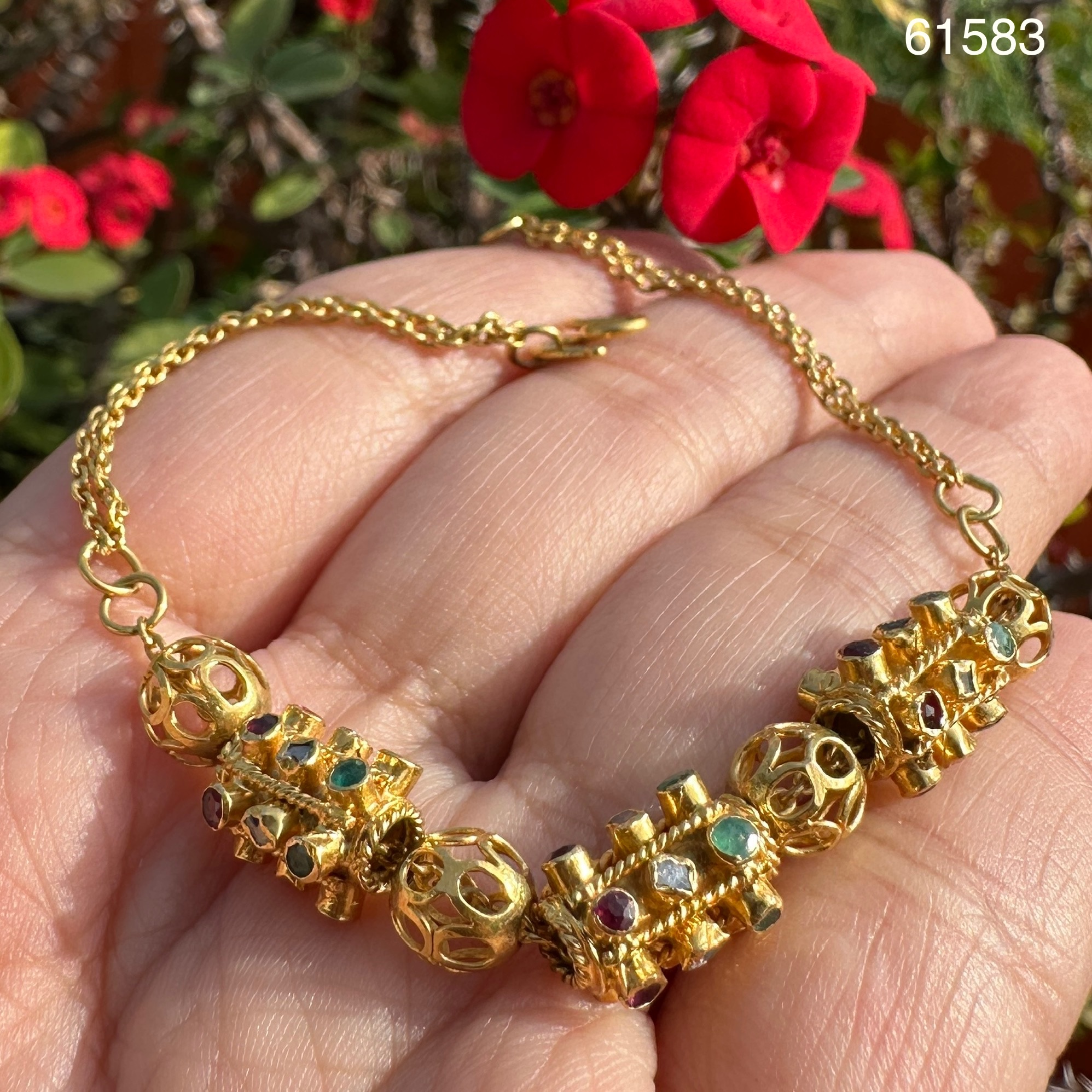 รหัส 61583 สร้อยข้อมือ ปะวะหล่ำ 3 สี ทับทิม มรกต เพชรซีก ทอง90 งานสวย น่าสะสม นน. 7.86 g