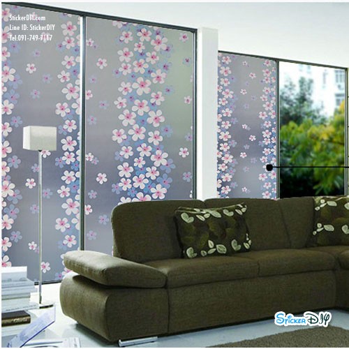 (กว้าง90cmxยาว130cm.)สติ๊กเกอร์ฝ้าติดกระจก แบบมีกาวในตัว ลีลาวดี สีฟ้า