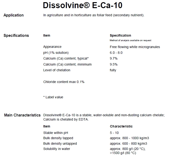 ผงจุลธาตุแคลเซียมคีเลตอีดีทีเอ 10% Dissolvine E-CA-10 (EDTA Ca 10%; Aczonobel Netherland) บรรจุ 25 กิโลกรัม