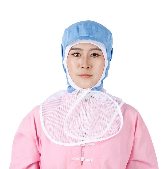 หมวกโรงงาน หมวกอนามัยป้องกันฝุ่น หมวกโรงงานคลุมไหล่ สีฟ้า สีขาว