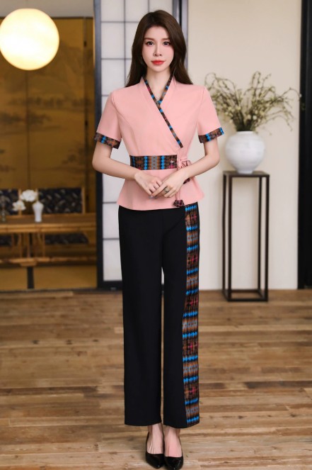 ชุดช่างนวดไทยและแช่เท้าผู้หญิง ชุดทำงานเสริมสวย สปา คลับสุขภาพ ร้านเสริมสวย ชุดสูทแขนสั้น