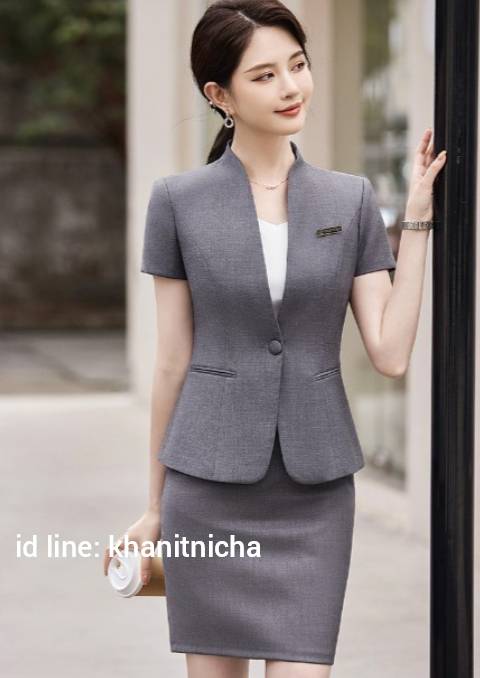 ชุดสูท ชุดพนักงานต้อนรับ ชุดคลินิคความงาม แขนสั้น สีเทา สีดำ
