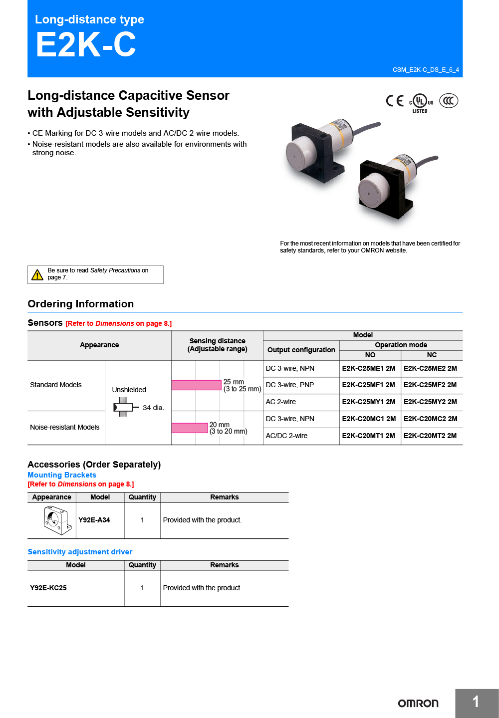 Capacitive Proximity Sensor OMRON E2K-C25ME1 2M Input 12-24VDC Output NPN NO DC 3-wire ,Sensing distance 3 to 25mm ,M34 diameter