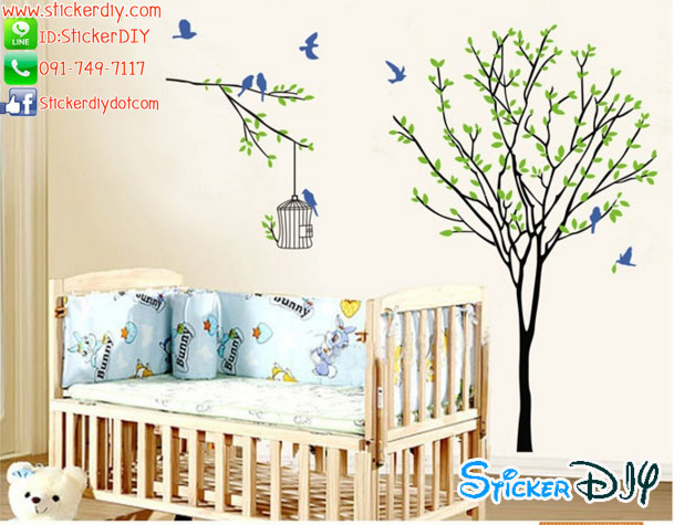 Transparent wall sticker สติ๊กเกอร์ติดผนัง ต้นไม้กรงนกฟ้า (กว้าง140cm.xสูง120cm.)