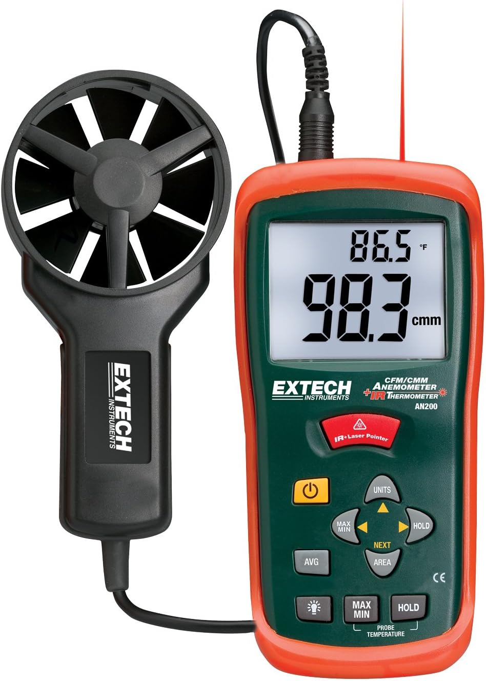 Extech AN200 CFM/CMM Mini Thermo-Anemometer with Built-in Infrared Thermometer