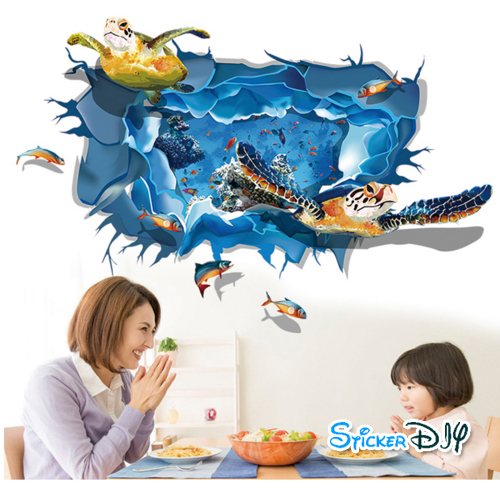Transparent wall sticker สติ๊กเกอร์ติดผนัง 3D โลกใต้น้ำของเต่าทะเล (กว้าง105cm.xสูง70cm.)