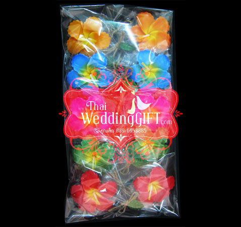 เทียนหอมลอยน้ำดอกชบา แพ็คถุงแก้ว ผูกเชือกพร้อมใบไม้