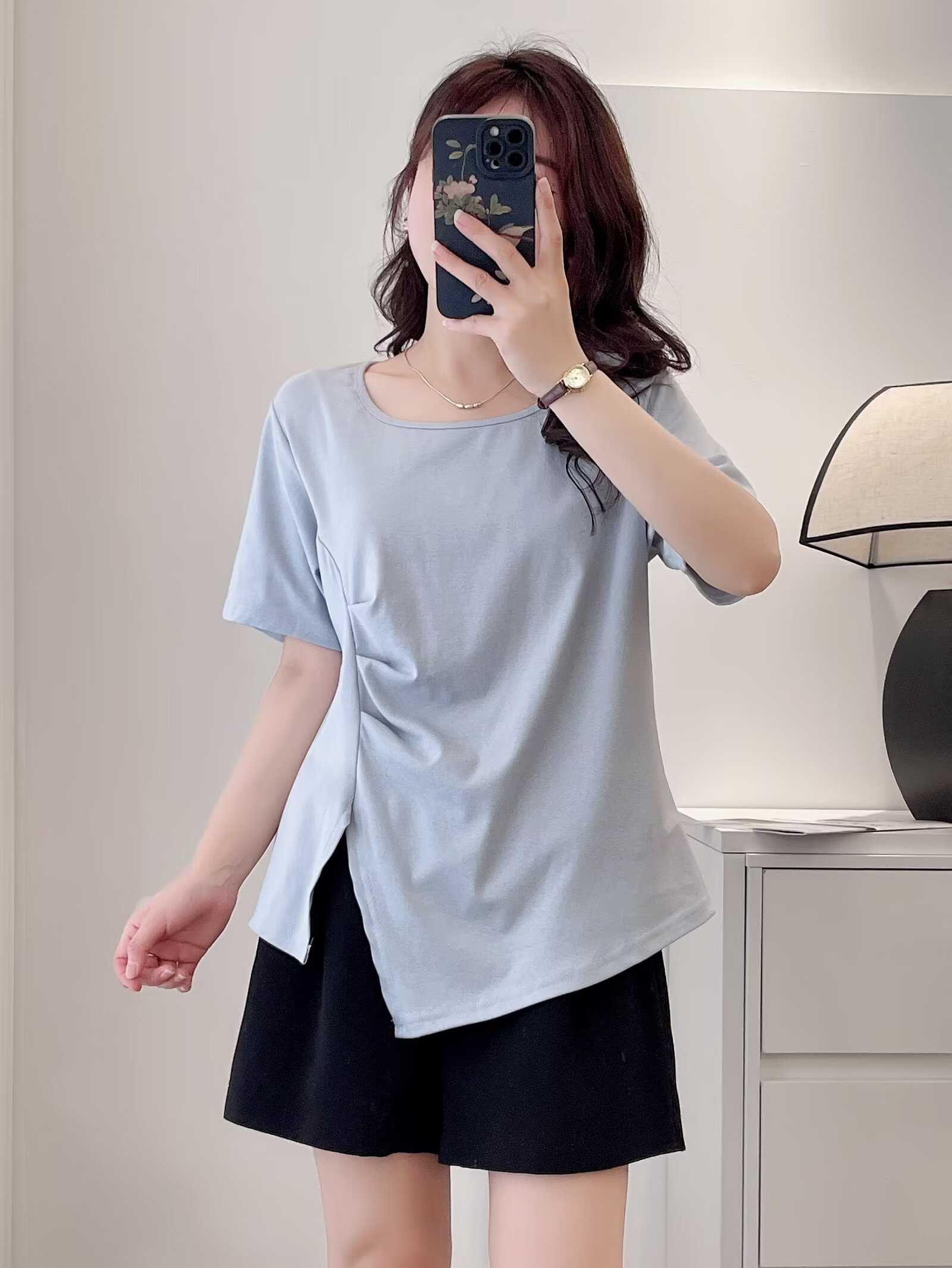 P3339 เสื้อแฟชั่น ผ้ายืดเนื้อดี จีบหน้าชายเฉียง 2 สี ฟ้า ชมพู