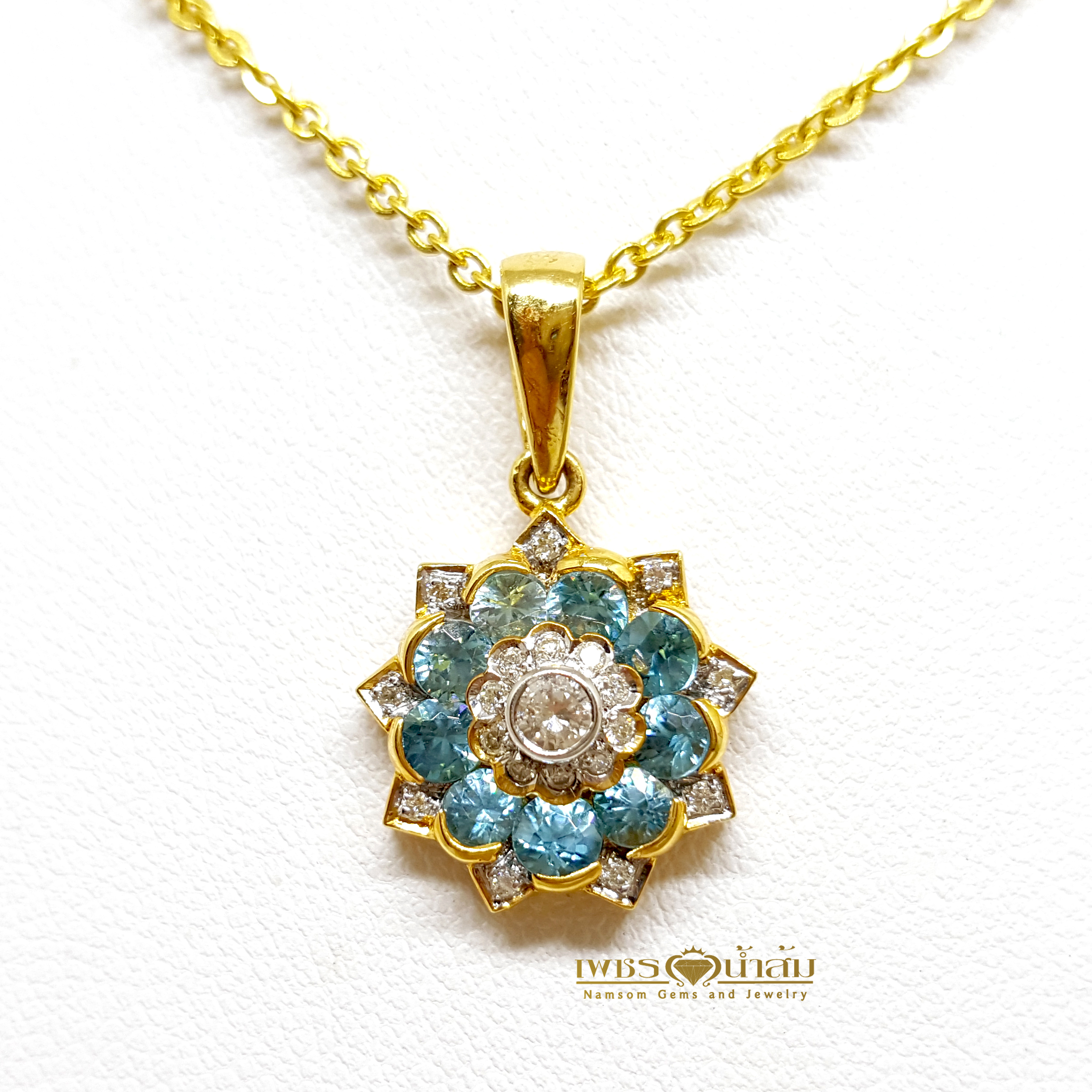 จี้พลอยเพทาย Blue Zircon สีสวยน้ำงาม งานคลาสสิก ทรงไทย