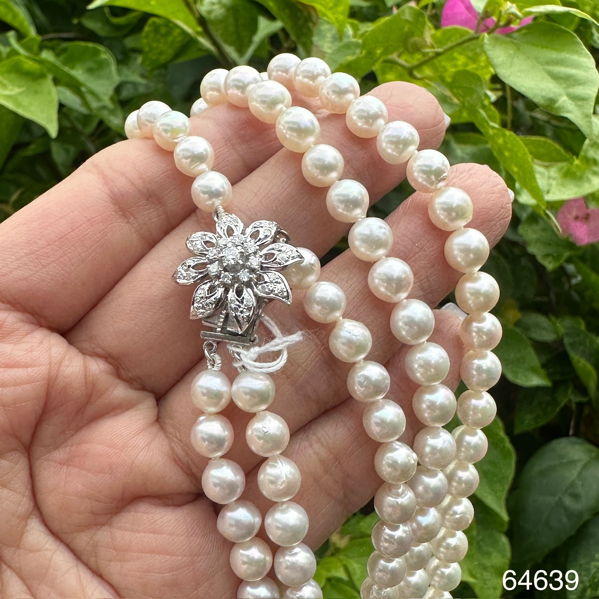 รหัส 64639 สร้อยคอ มุก ญี่ปุ่น อโกย่า 5.8 - 6.2 มิล 2 สาย ฝังเพชร 33/0.25 ct ตะขอเงิน925 ความยาว 23 นิ้ว สวมหัว
