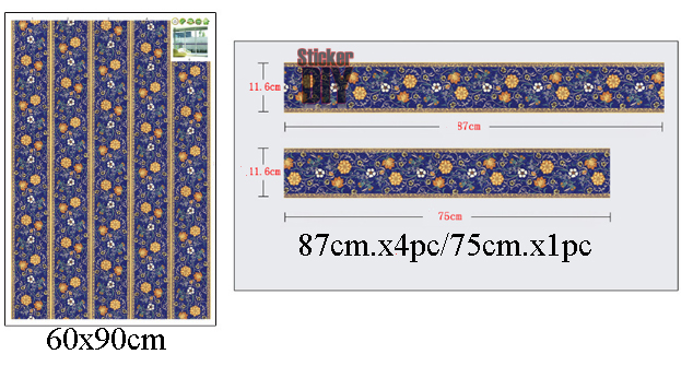 Transparent Wall Sticker สติ๊กเกอร์ติดผนัง แต่งขอบ ดอกไม้สีน้ำเงิน (กว้าง165cm.xสูง11.6cm.)