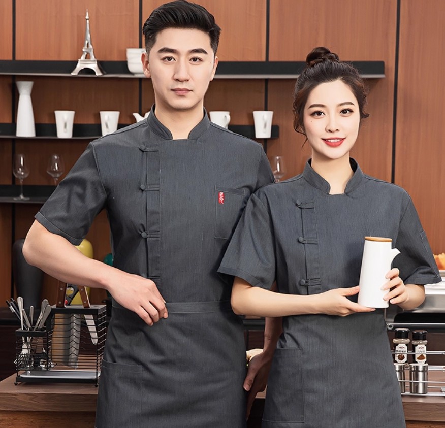 เสื้อเชฟสไตล์จีนติดกระดุมแขนสั้น เสื้อเชฟร้านอาหาร ด้านหลังเป็นผ้าระบายอากาศ