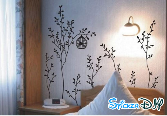 Transparent wall sticker สติ๊กเกอร์ติดผนัง ต้นไม้เล็กกรงนกสีดำ (กว้าง220cm.xสูง150cm.)