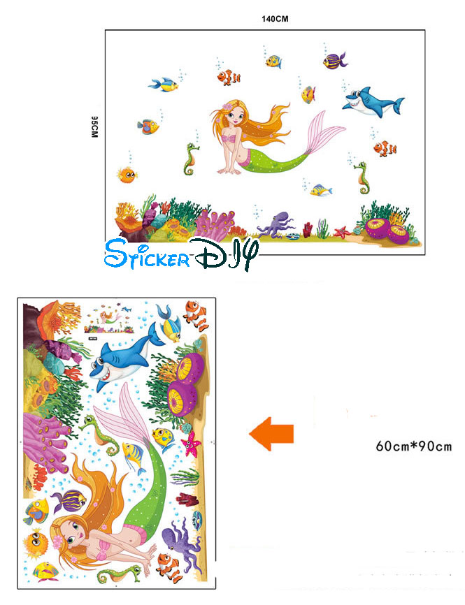 Transparent wall sticker สติ๊กเกอร์ติดผนัง สาวน้อย Mermaid (กว้าง140cm.xสูง95cm)