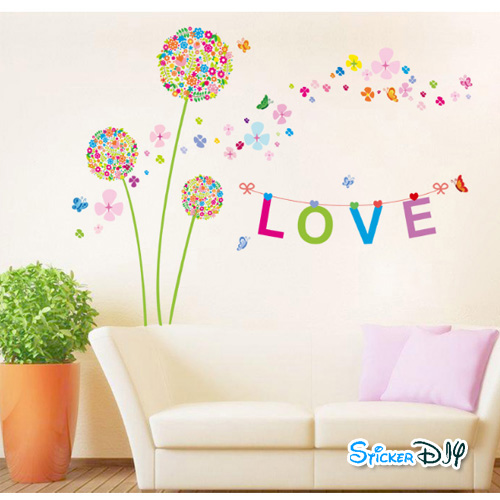 Transparent wall sticker สติ๊กเกอร์ติดผนัง ดอกไม้สีสัน LOVE (กว้าง165cm.xสูง120cm.)