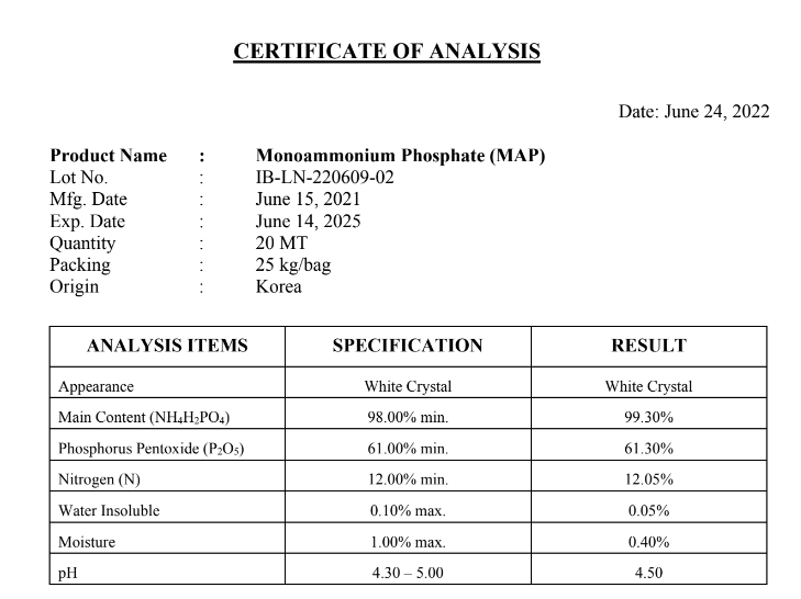 NH4H2PO4 Monoammonium Phosphate MAP ปุ๋ยเกล็ด 12-61-0 (Korean Fertilizer) บำรุงตาดอก รากฝอย บรรจุ 25 กิโลกรัม