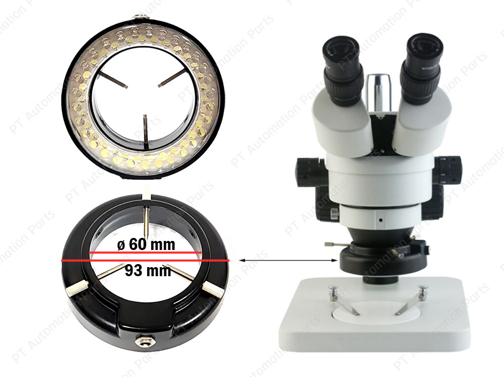 ไฟวงแหวน สำหรับกล้องจุลทรรศน์ หลอดแอลอีดี ปรับแสงได้ แสงสีขาว บอดี้สีดำ เส้นผ่านศูนย์กลางภายใน ø60mm ,LED Ring Light for Microscope, CCD Industrial Camera 100-240VAC