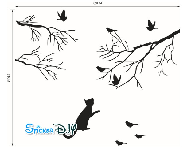Vinyl wall sticker สติ๊กเกอร์ติดผนัง กิ่งไม้แมวและนก (กว้าง58cm.xสูง54cm.)