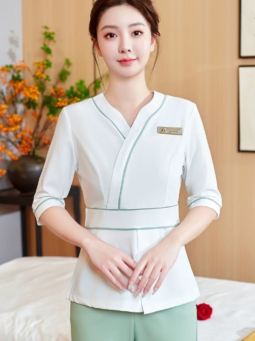 ชุดนวดสปา ชุดพนักงานซาวน่าเสริมสวย ชุดพนักงานนวด สีเขียว สีขาว ไซส์ S-7XL