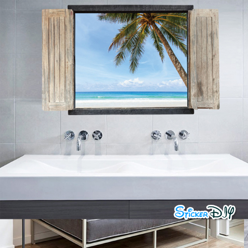 Wall Sticker สติ๊กเกอร์ติดผนังสามมิติ 3D หน้าต่าง BEACH A (กว้าง90cm.xสูง60cm.)