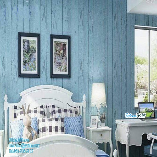 (กว้าง45cm.xยาว10m.)Wallpaper sticker วอลเปเปอร์แบบกาวในตัว ลายไม้ สีฟ้า