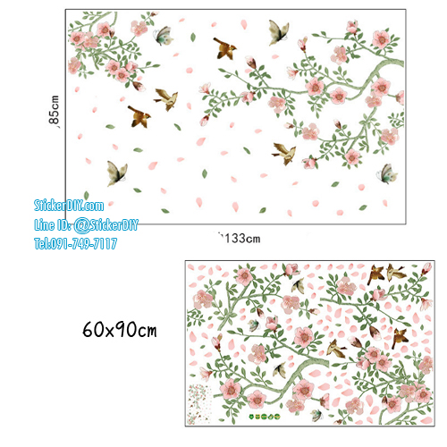 Transparent wall sticker สติ๊กเกอร์ติดผนัง กิ่งดอกไม้และนก SK9283 (กว้าง133cm.xสูง85cm.)