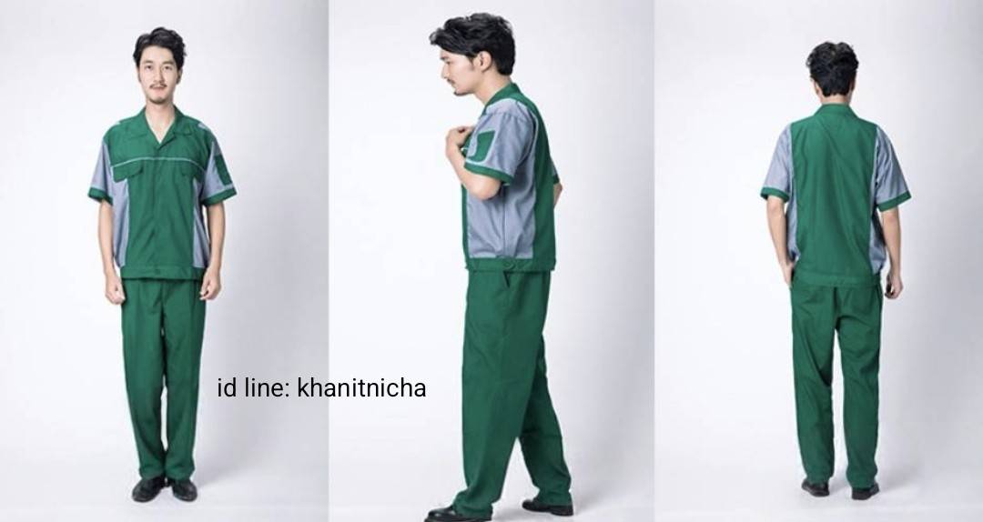 ชุดคนสวน ชุดช่างสำหรับผู้ชายและผู้หญิง สีเขียวเทา แขนสั้น สามารถปักโลโก้ได้