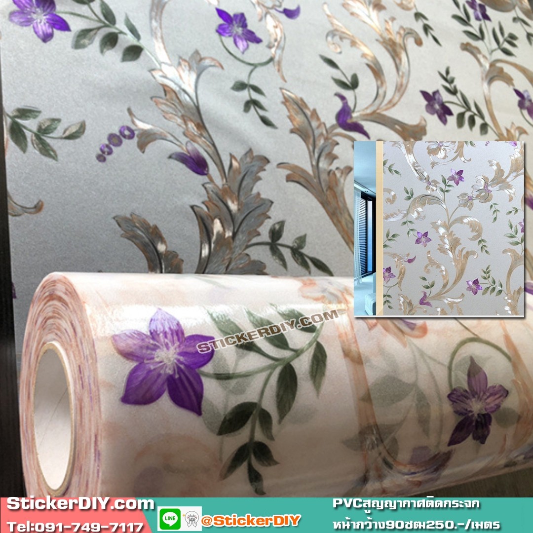 ฟิล์ม PVC สูญญากาศติดกระจก กันร้อน/กันรังสียูวี "Vintage Flowers" GS1031(หน้ากว้าง90cm.) เหลือเมตรละ 159 บาท