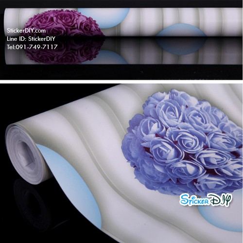 (กว้าง45cm.xยาว10m.)Wallpaper sticker วอลเปเปอร์แบบกาวในตัว 3D Rose ฟ้าม่วง
