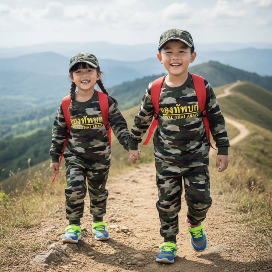 ชุดทหารเด็กผ้ายืดลายพราง แขนยาว ขายาว 2 ชิ้น มีหลายไซร์ ใส่ได้ทั้งูกชาย ลูกสาวค่ะ
