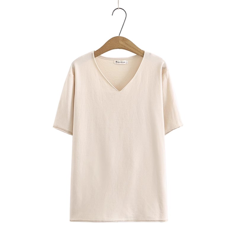 P3328 เสื้อไหมพรมแขนสั้น คอวี ผ้าไหมพรมเนื้อดี 2 สี ฟ้า น้ำตาลอ่อน