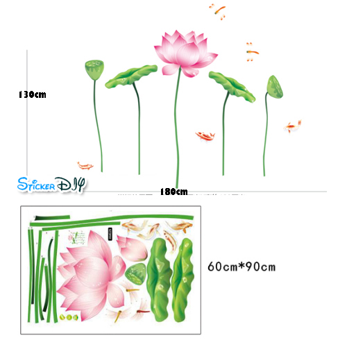 Transparent wall sticker สติ๊กเกอร์ติดผนัง ดอกบัวนำโชคกะแมลงปอ "ความเจริญรุ่งเรือง" (กว้าง180cm.xสูง130cm.)