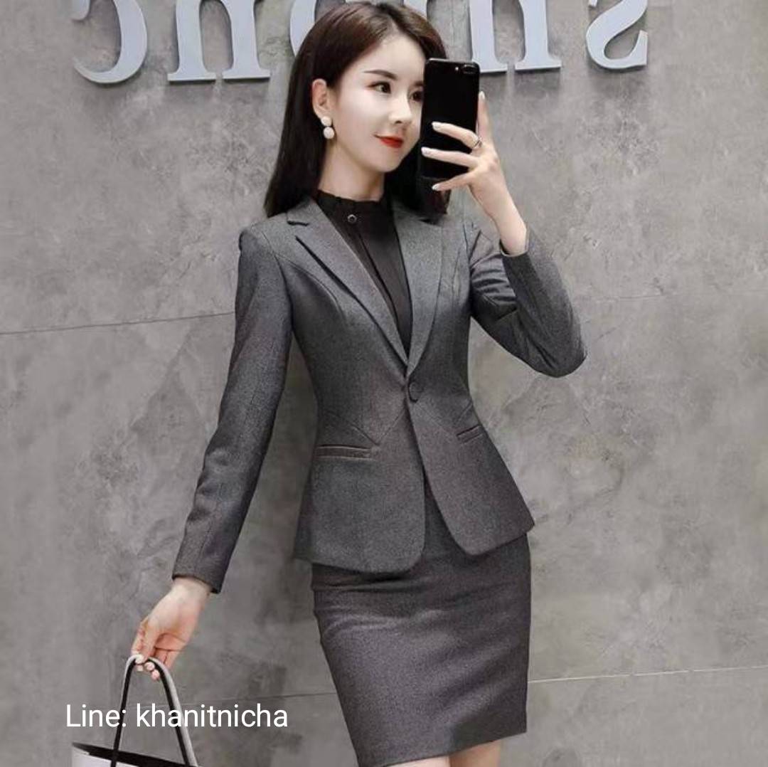 ชุดสูททำงานผู้หญิงมืออาชีพ ชุดพนักงานต้อนรับ ชุดสูทออฟฟิศ สีเทา สีดำ