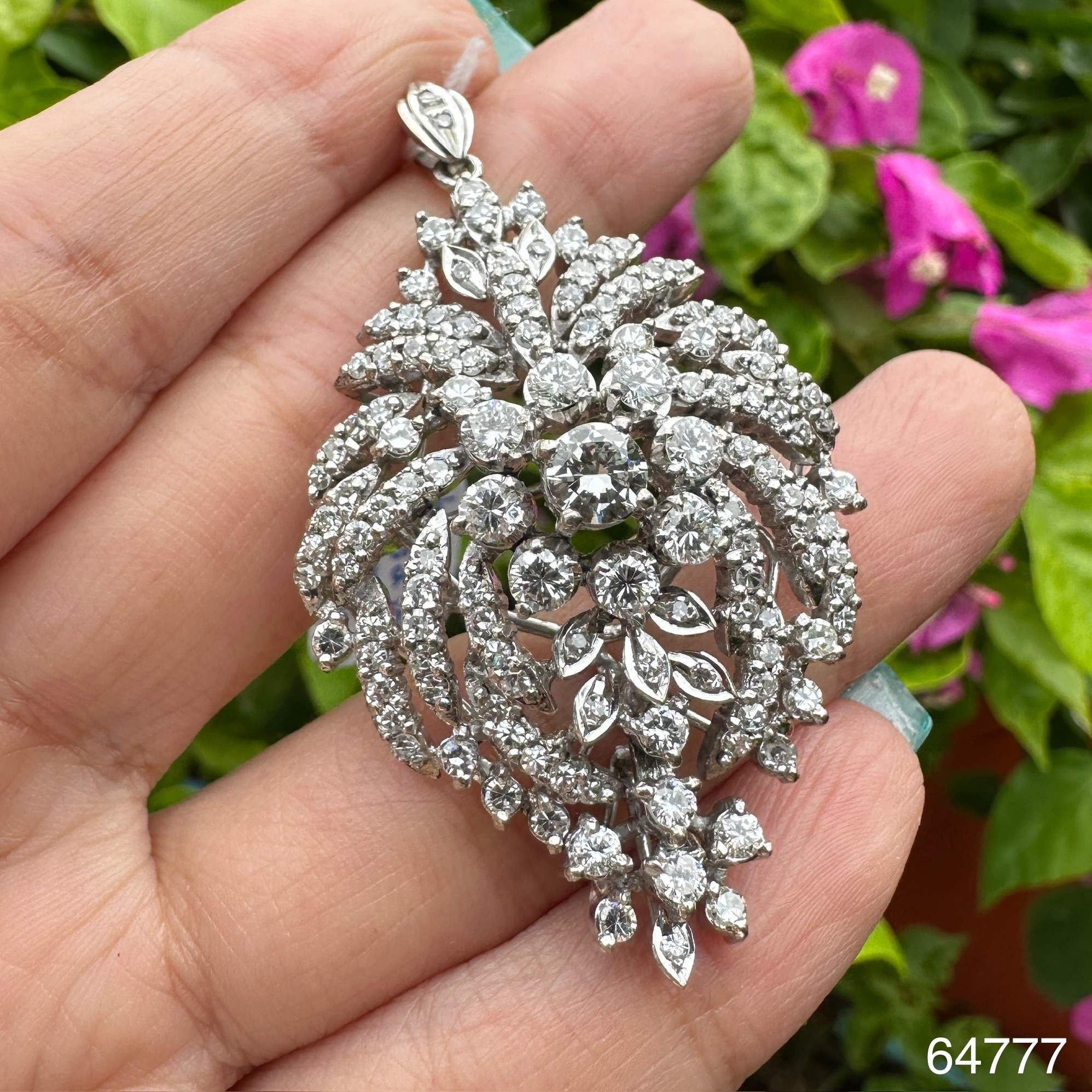 รหัส 64777 จี้ + เข็มกลัด เพชรโบราณ เพชร 14/1.58 ct ฝังเพชรกุหลาบ 117/1.75 ct งานทองขาวโบราณ(ปาหะ) นน. 15.78 g