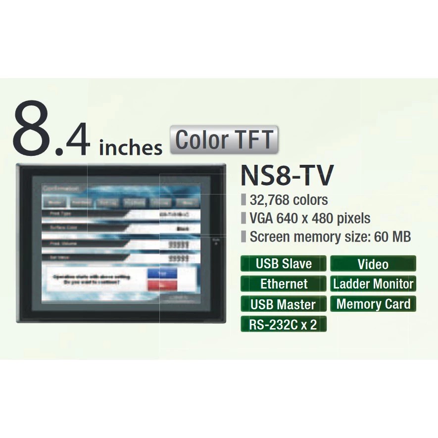 OMRON NS8-TV01B-V2 Touch Screen 8.4-inch TFT 32,768 Colors, VGA 640 x 480 pixels, memory size: 60 MB, Input 24VDC, พอร์ทเชื่อมต่อ 1x Ethernet, 2x RS-232C ,1x USB Slave ,1x USB Master ,1x Memory Card Slot