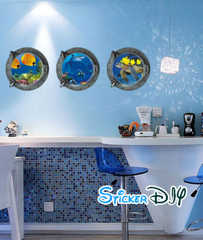 Wall sticker สติ๊กเกอร์ติดผนัง 3D OCEAN สไตล์ B (กว้าง33cmxสูง33cm จำนวน3ชิ้น ติดได้Freesize)