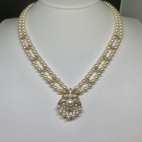 รหัส 65159 สร้อยคอ มุก อโกย่า ญี่ปุ่น 5 มิล 2 สาย ฝังเพชร 38/0.65 ct ตะขอทอง18K ความยาว 16 นิ้ว นน. 34.64 g