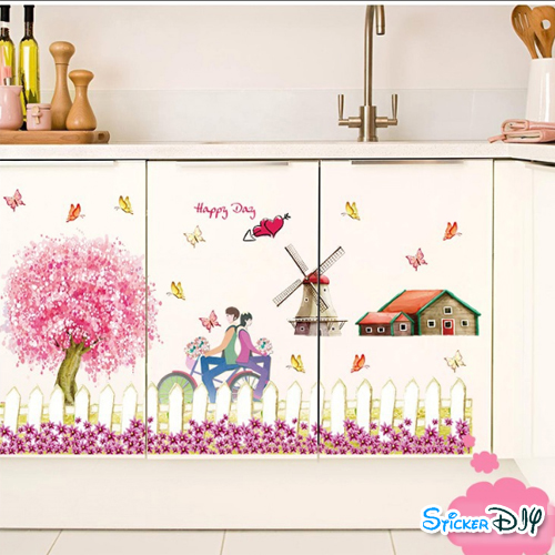 Transparent wall sticker สติ๊กเกอร์ติดผนัง "Happy day" (กว้าง120cm.xสูง60cm.)