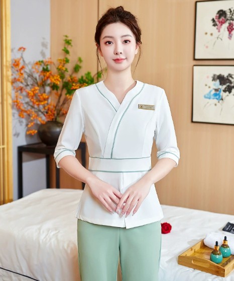 ชุดนวดสปา ชุดพนักงานซาวน่าเสริมสวย ชุดพนักงานนวด สีเขียว สีขาว ไซส์ S-7XL